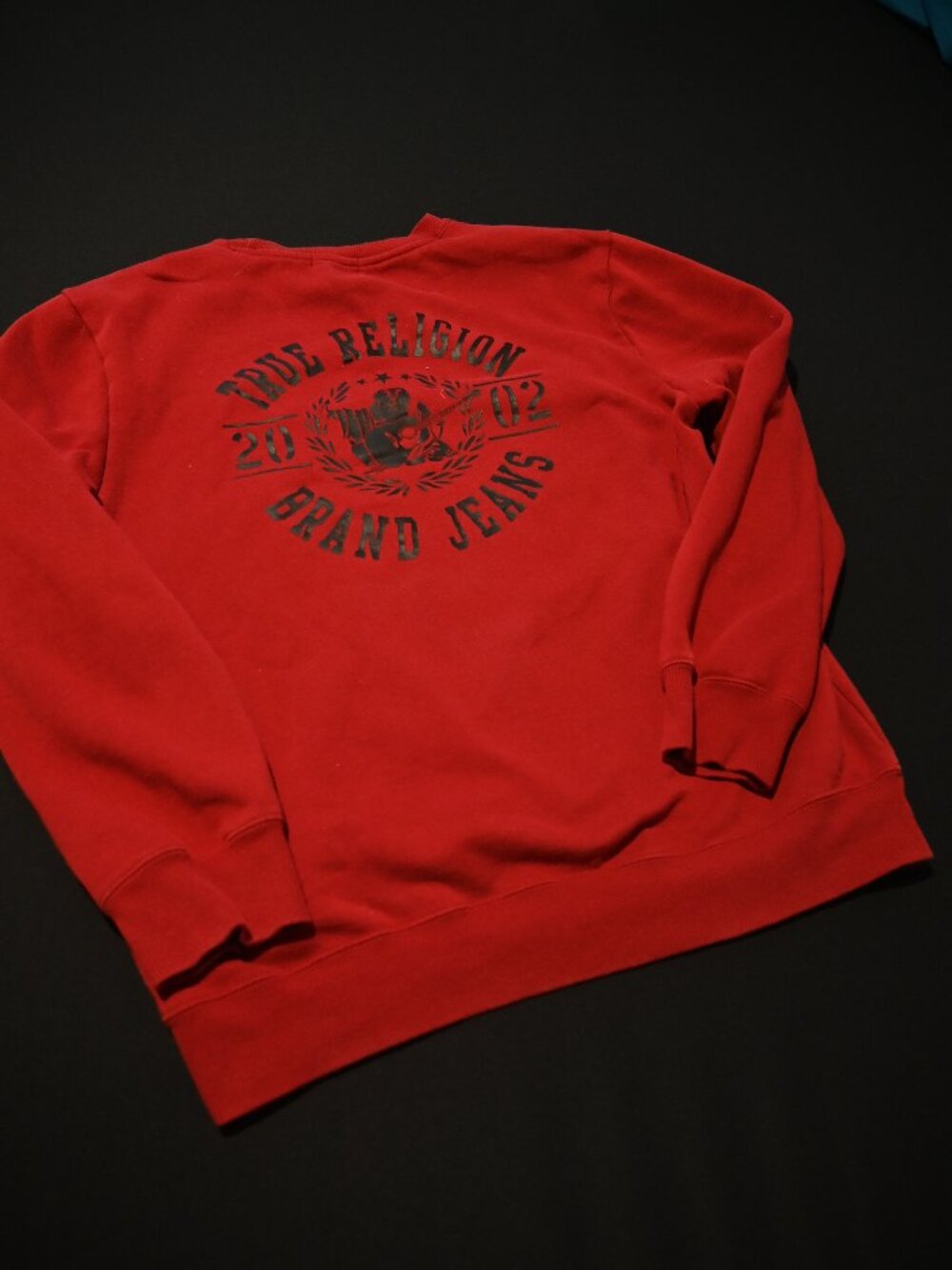 True Religion Brand Jeans Red Crewneck Sweatshirt Large Logo Graphic Size Large